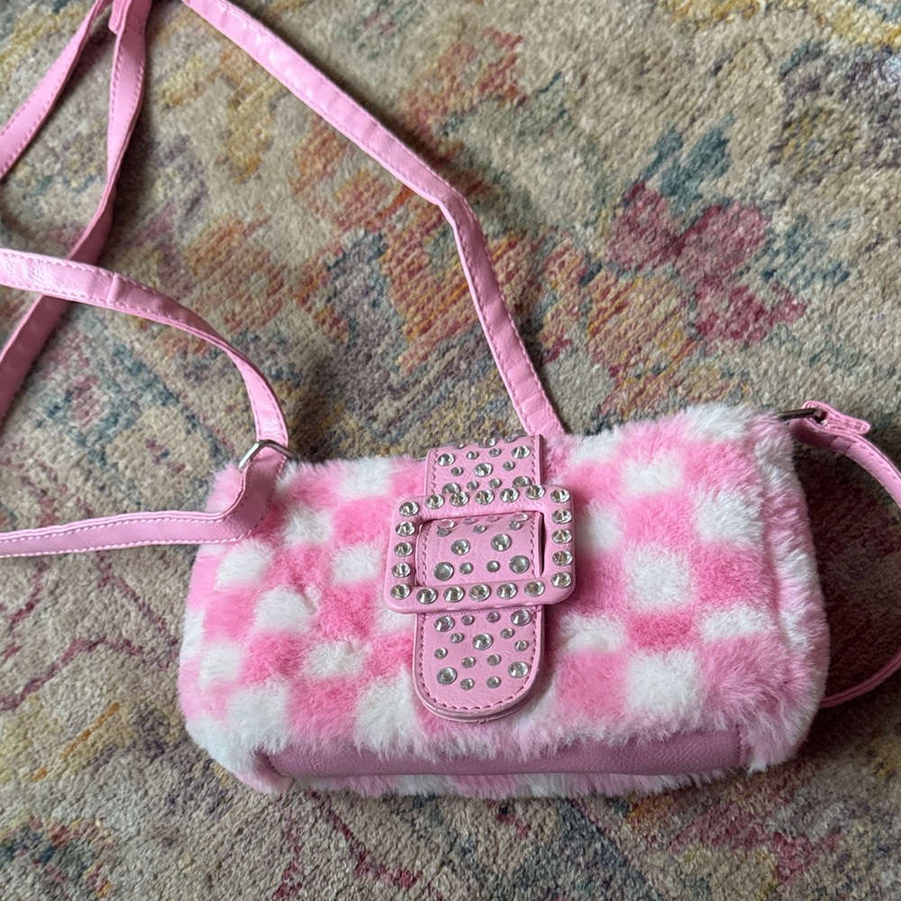OMG Pink Fuzzy Checkered Crossbody Bag for Kids excellent condition